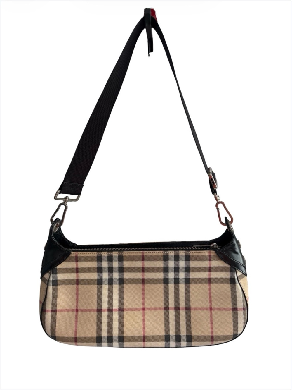 Vintage Burberry Nova Check Baguette Bag Black Leather Trim